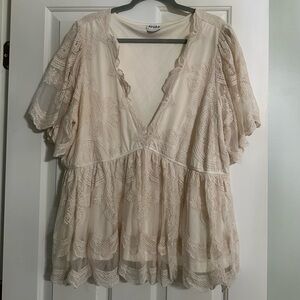 Arula, size C. Cream going out top! Low cut for a busty good time!😘